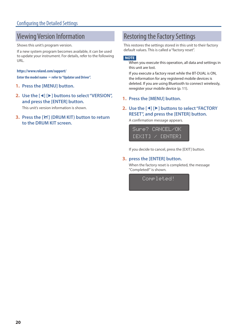 Viewing version information, Restoring the factory settings, P. 20 | Configuring the detailed settings | Roland TD-02K V-Drums Electronic Drum Kit User Manual | Page 20 / 25