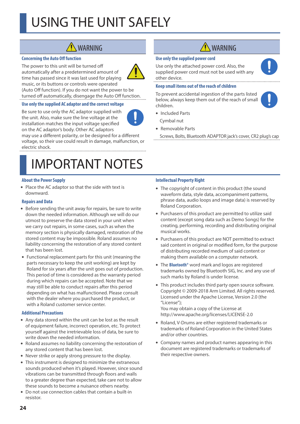 Using the unit safely, Important notes, Anual (p. 24)) | Warning | Roland TD-02K V-Drums Electronic Drum Kit User Manual | Page 24 / 25
