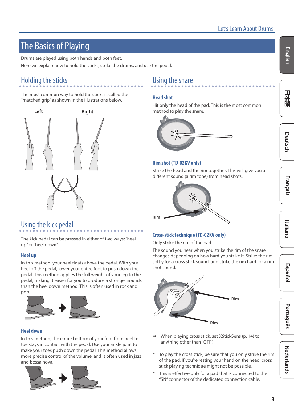 The basics of playing, Holding the sticks, Using the kick pedal | Using the snare, Let’s learn about drums | Roland TD-02K V-Drums Electronic Drum Kit User Manual | Page 3 / 25