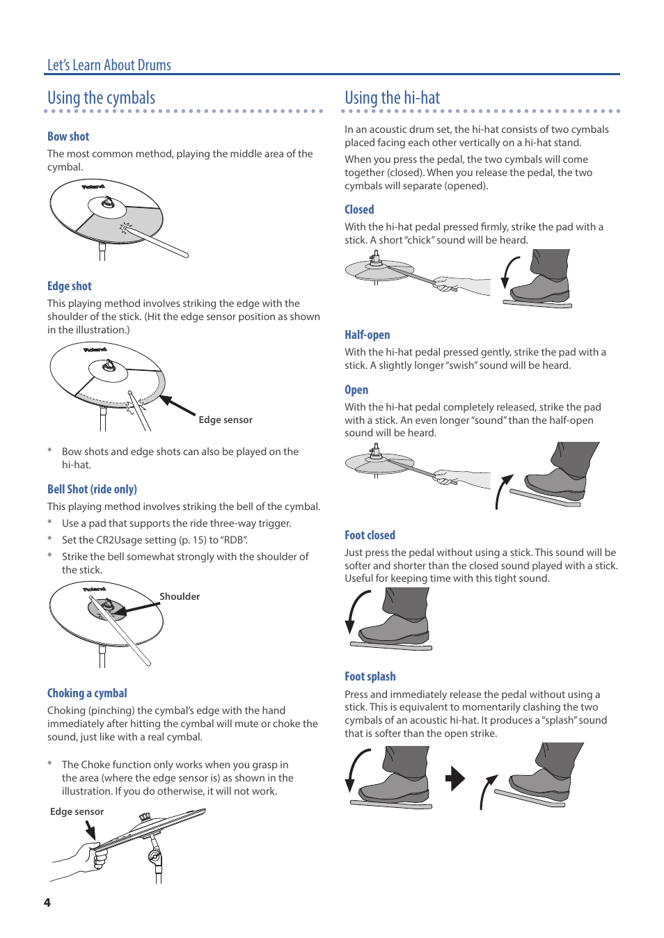 Using the cymbals, Using the hi-hat, Let’s learn about drums | Roland TD-02K V-Drums Electronic Drum Kit User Manual | Page 4 / 25