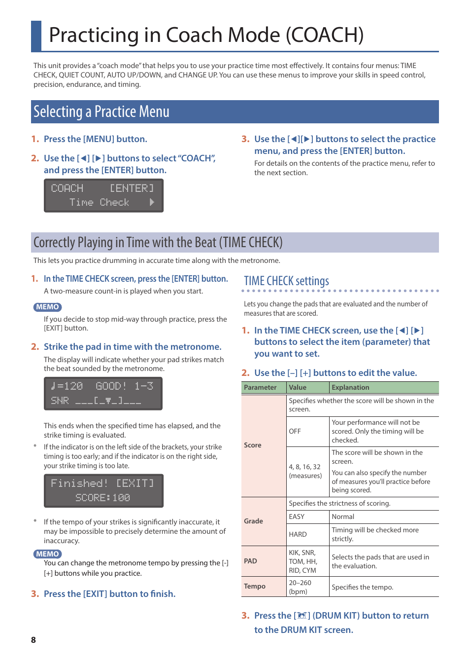 Practicing in coach mode (coach), Selecting a practice menu, Correctly playing in time with the beat (time | Check), Oach mode (p. 8), Time check settings | Roland TD-02K V-Drums Electronic Drum Kit User Manual | Page 8 / 25