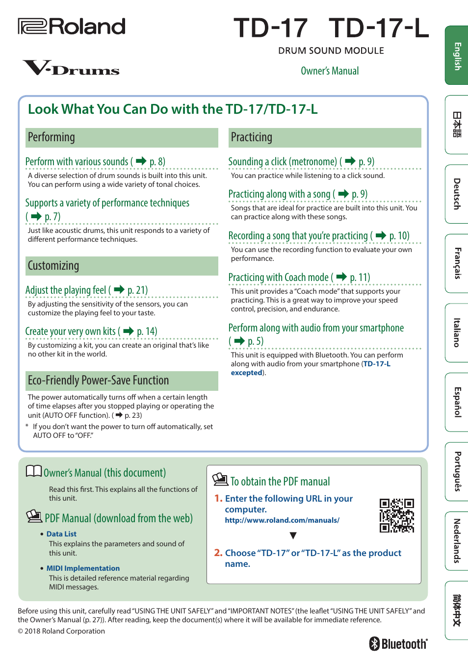 Roland TD-17 Drum Sound Module User Manual | 28 pages