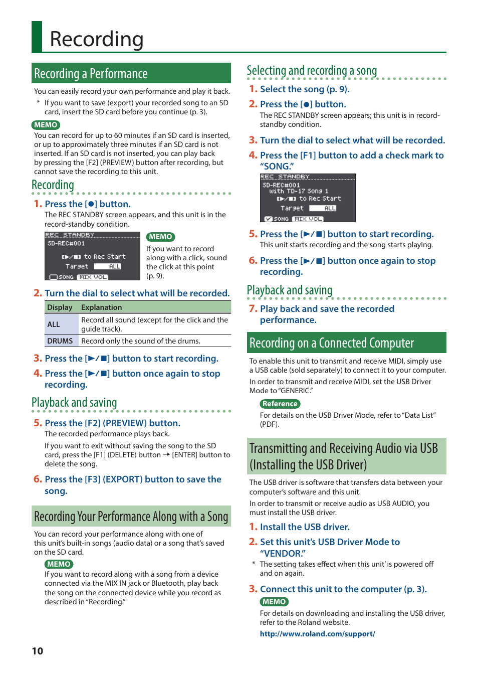 Recording, Recording a performance, Recording your performance along with a song | Recording on a connected computer, P. 10, Recording your performance along with a, Song, Transmitting and receiving audio via usb, Installing the usb driver), Ding (p. 10) | Roland TD-17 Drum Sound Module User Manual | Page 10 / 28