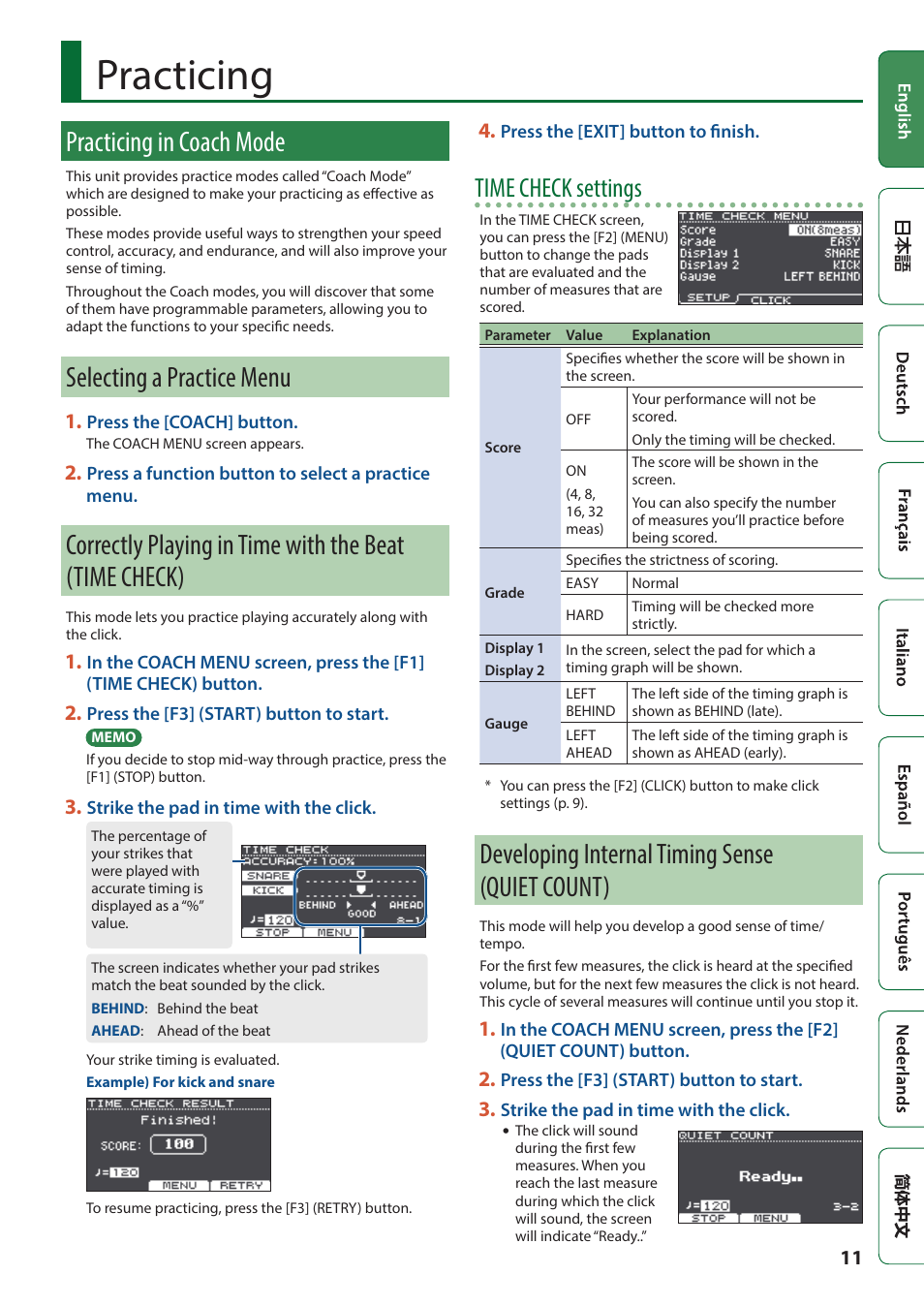 Practicing, Practicing in coach mode, Selecting a practice menu | Developing internal timing sense (quiet count), P. 11, Correctly playing in time with the beat, Time check), Developing internal timing sense (quiet, Count), Time check settings | Roland TD-17 Drum Sound Module User Manual | Page 11 / 28