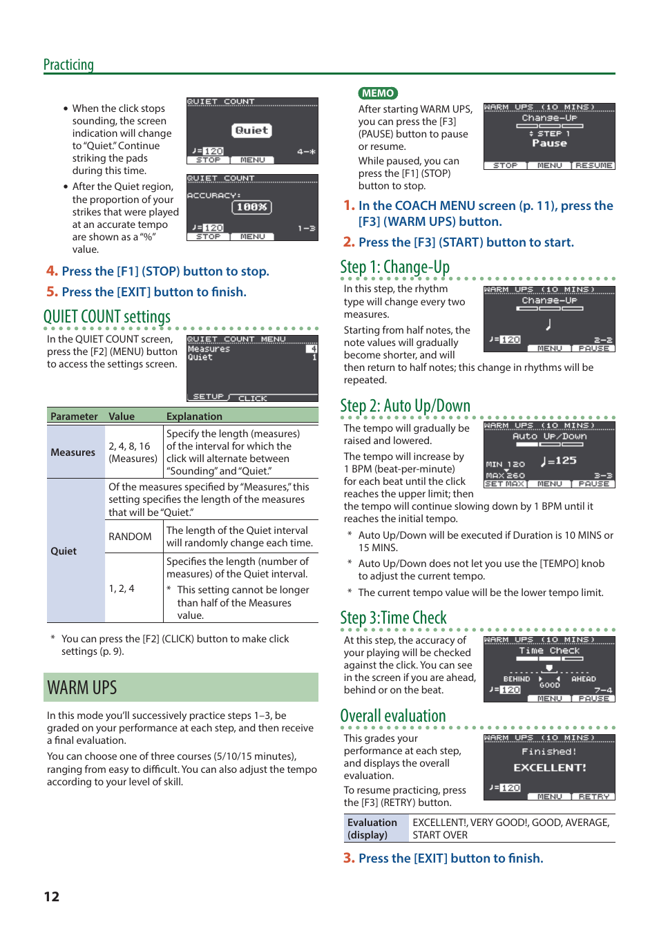 Warm ups, Quiet count settings, Step 1: change-up | Step 2: auto up/down, Step 3:time check, Overall evaluation, Practicing | Roland TD-17 Drum Sound Module User Manual | Page 12 / 28