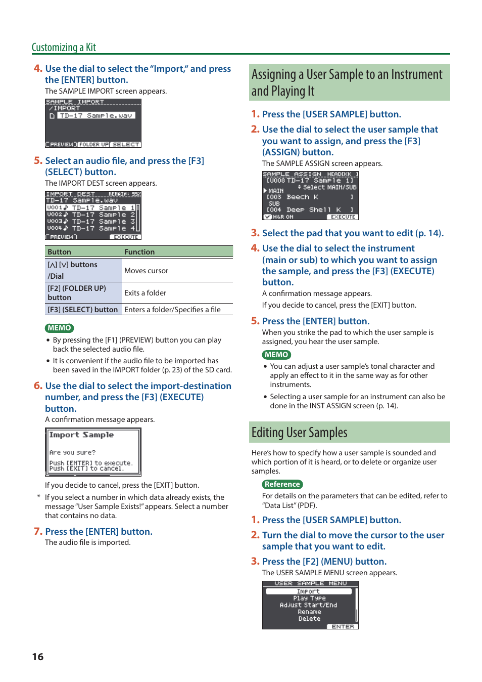 Editing user samples, Assigning a user sample to an instrument, And playing it | Customizing a kit | Roland TD-17 Drum Sound Module User Manual | Page 16 / 28
