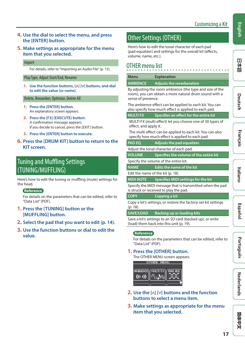 Tuning and muffling settings (tuning/muffling), Other settings (other), P. 17 | Other menu list, Customizing a kit | Roland TD-17 Drum Sound Module User Manual | Page 17 / 28