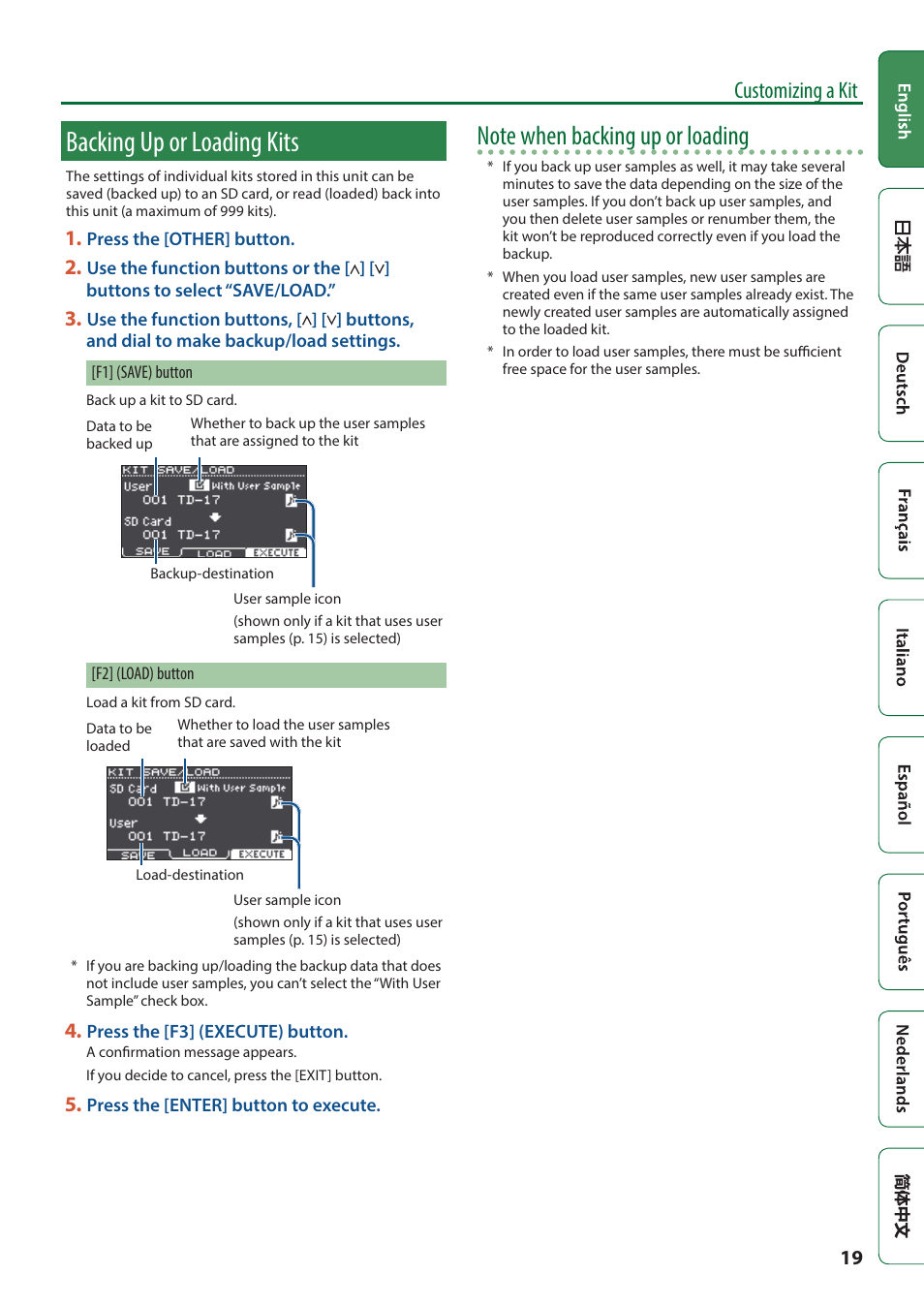 Backing up or loading kits, P. 19, O “backing up or loading kits” (p. 19) | D (p. 19), Customizing a kit | Roland TD-17 Drum Sound Module User Manual | Page 19 / 28