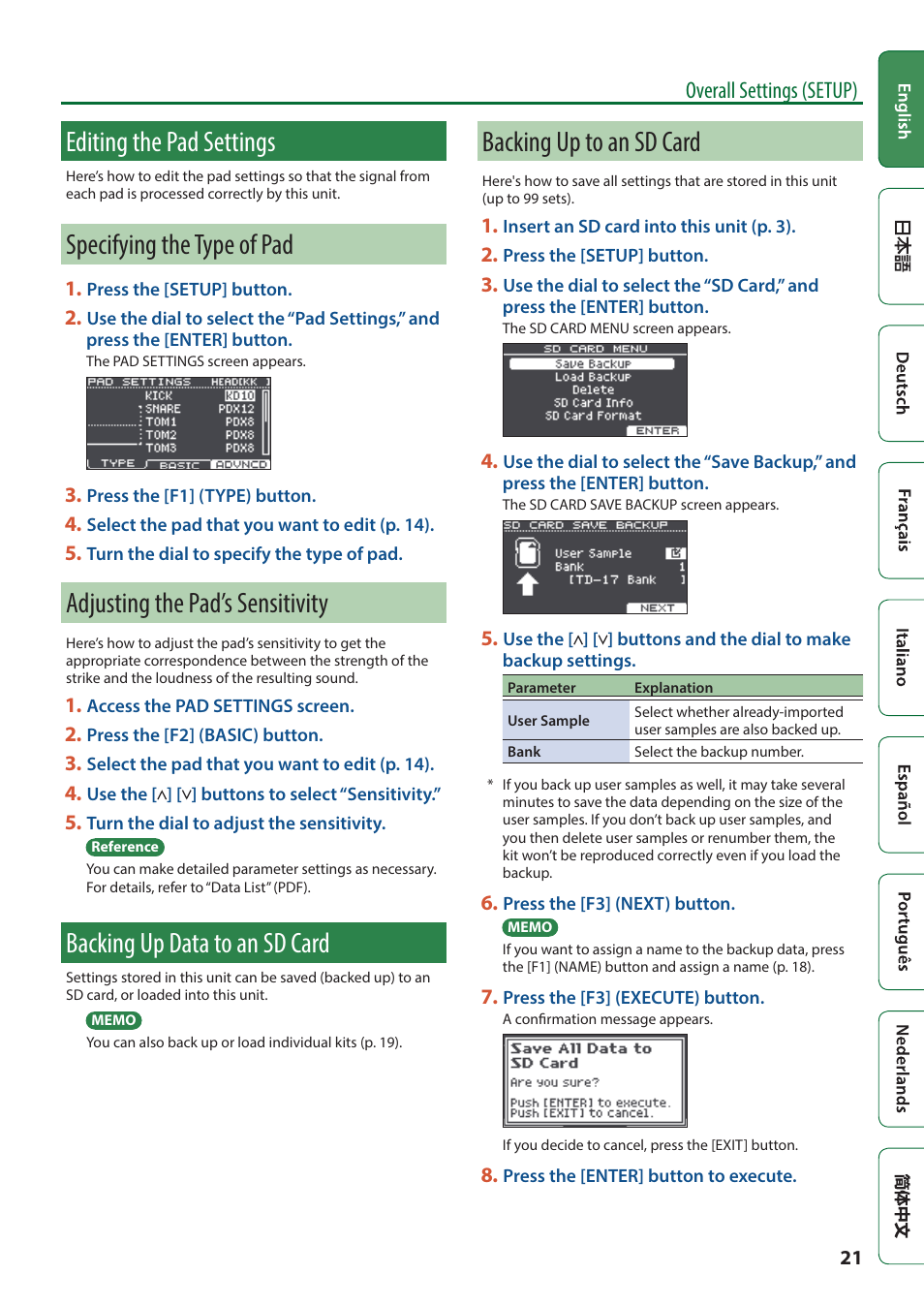 Editing the pad settings, Specifying the type of pad, Adjusting the pad’s sensitivity | Backing up data to an sd card, Backing up to an sd card, P. 21), P. 21, Dit the pad settings (p. 21), O “backing up data to an sd card, Overall settings (setup) | Roland TD-17 Drum Sound Module User Manual | Page 21 / 28