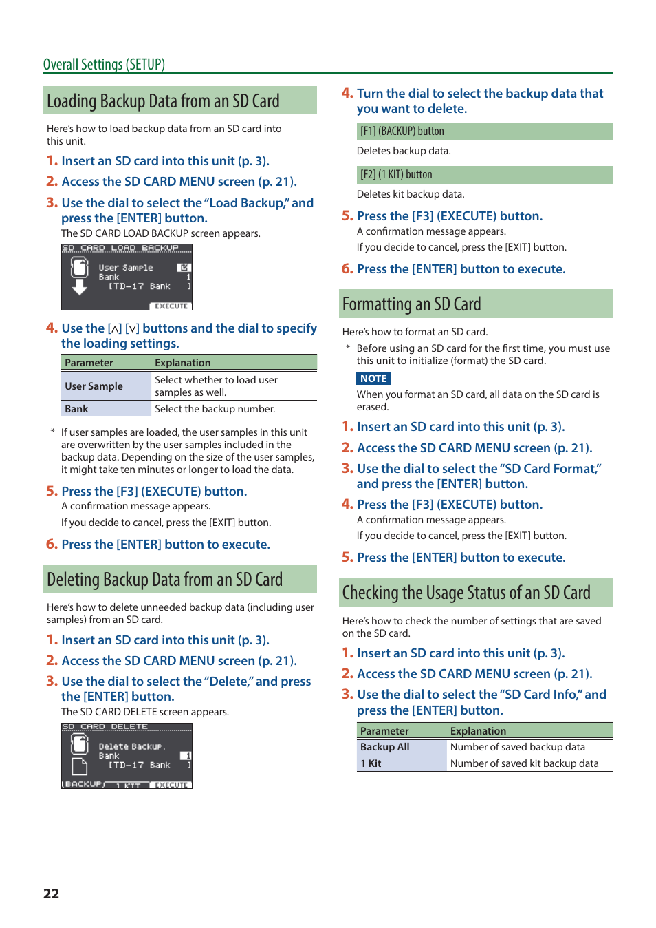 Loading backup data from an sd card, Deleting backup data from an sd card, Formatting an sd card | Checking the usage status of an sd card, Overall settings (setup) | Roland TD-17 Drum Sound Module User Manual | Page 22 / 28