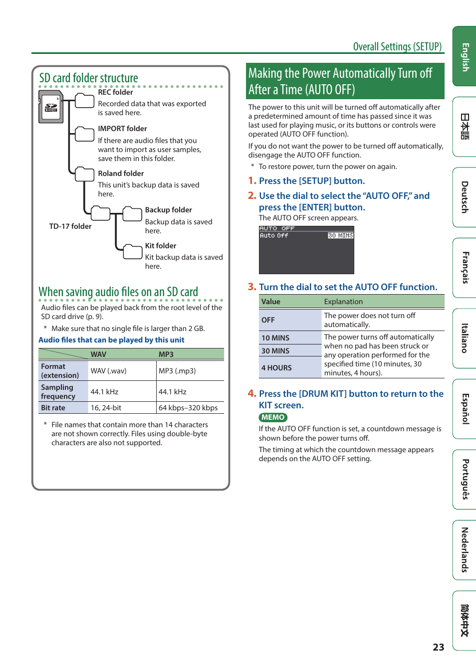 P. 23, Making the power automatically turn off after a, Time (auto off) | D (p. 23), and songs, D (p. 23), O off setting (p. 23, O “making the power automatically, Turn off after a time (auto off)” (p. 23), Sd card folder structure, When saving audio files on an sd card | Roland TD-17 Drum Sound Module User Manual | Page 23 / 28