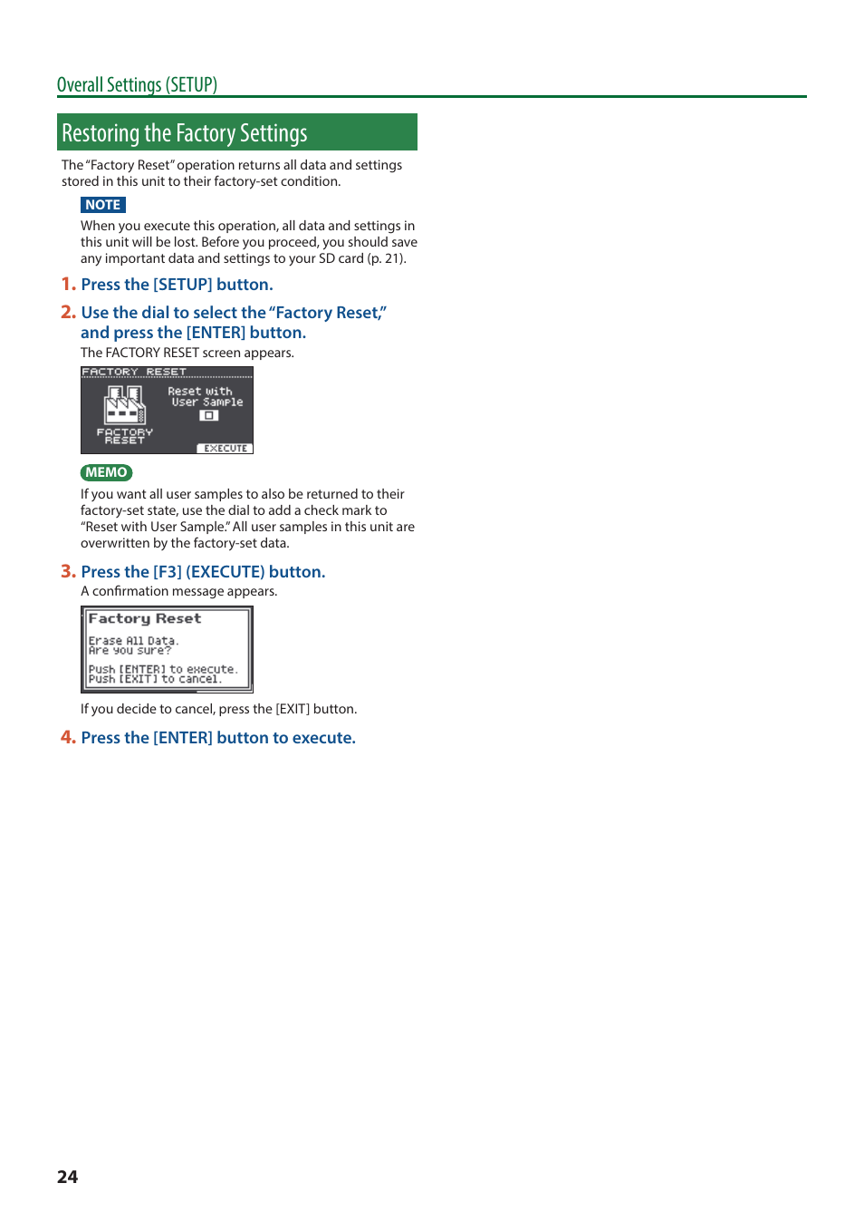 Restoring the factory settings, Y settings (p. 24, O “restoring the factory settings | P. 24), Overall settings (setup) | Roland TD-17 Drum Sound Module User Manual | Page 24 / 28