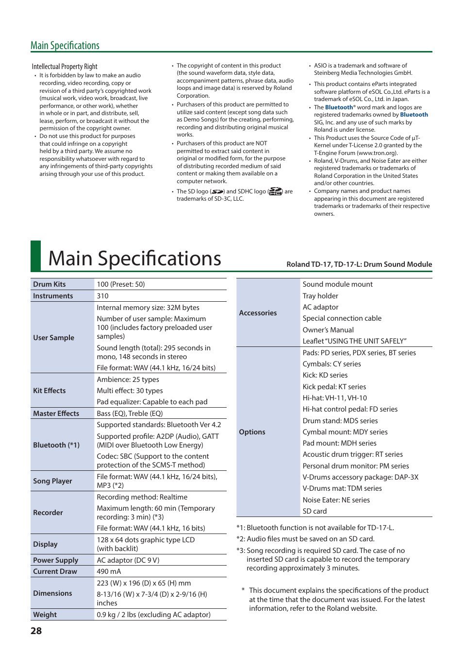 Main specifications | Roland TD-17 Drum Sound Module User Manual | Page 28 / 28