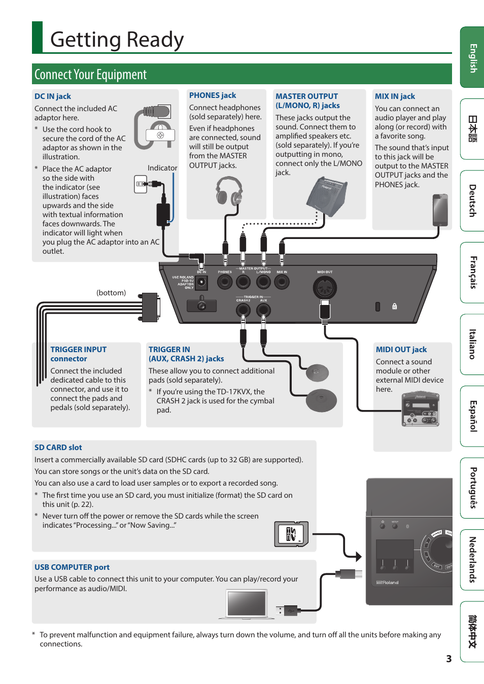 Getting ready, Connect your equipment | Roland TD-17 Drum Sound Module User Manual | Page 3 / 28