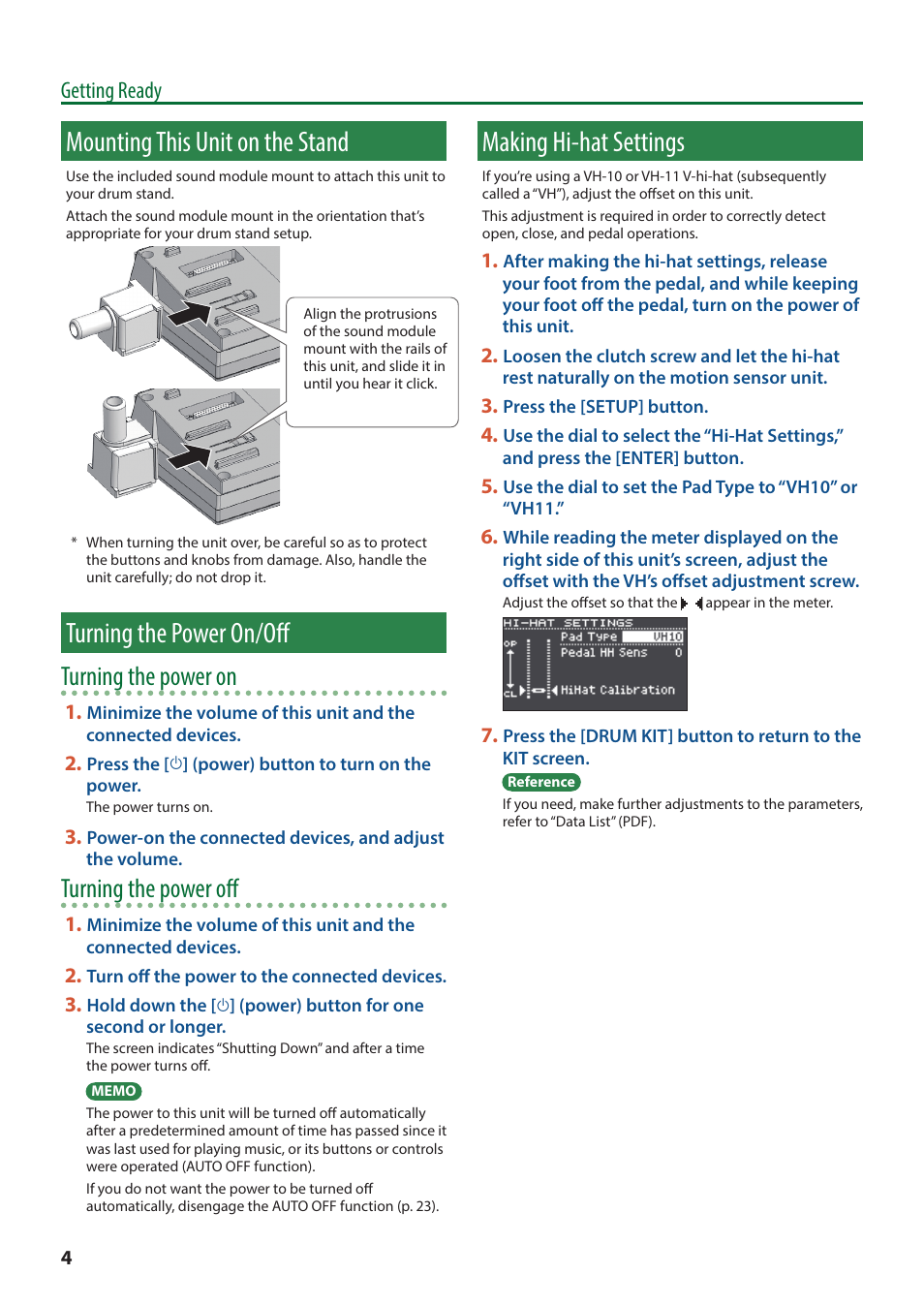 Mounting this unit on the stand, Turning the power on/off, Making hi-hat settings | Turning the power on, Turning the power off, Getting ready | Roland TD-17 Drum Sound Module User Manual | Page 4 / 28