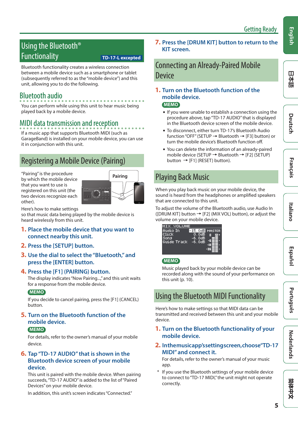 Using the bluetooth® functionality, Registering a mobile device (pairing), Connecting an already-paired mobile device | Playing back music, Using the bluetooth midi functionality, P. 5), Bluetooth audio, Midi data transmission and reception, Getting ready | Roland TD-17 Drum Sound Module User Manual | Page 5 / 28