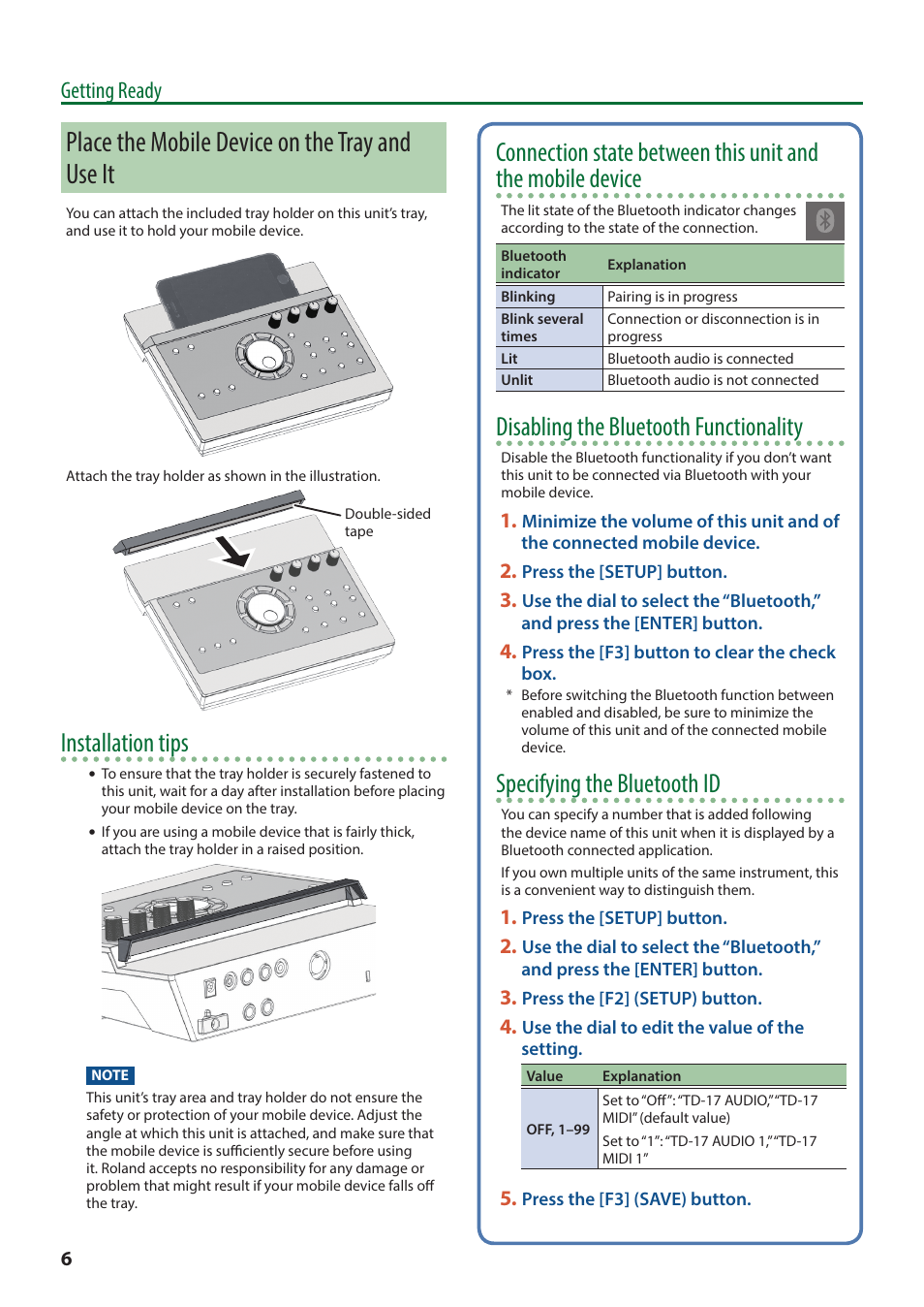 Place the mobile device on the tray and use it, Place the mobile device on the tray and, Use it | Installation tips, Disabling the bluetooth functionality, Specifying the bluetooth id, Getting ready | Roland TD-17 Drum Sound Module User Manual | Page 6 / 28
