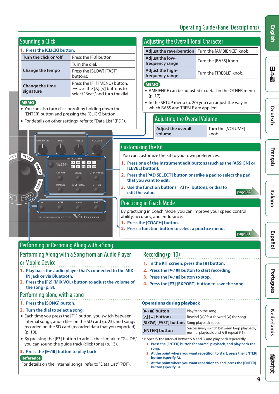 Sounding a click, Performing or recording along with a song, Customizing the kit | Practicing in coach mode, Adjusting the overall tonal character, Adjusting the overall volume, P. 9), Recor ding (p. 10), Performing along with a song | Roland TD-17 Drum Sound Module User Manual | Page 9 / 28