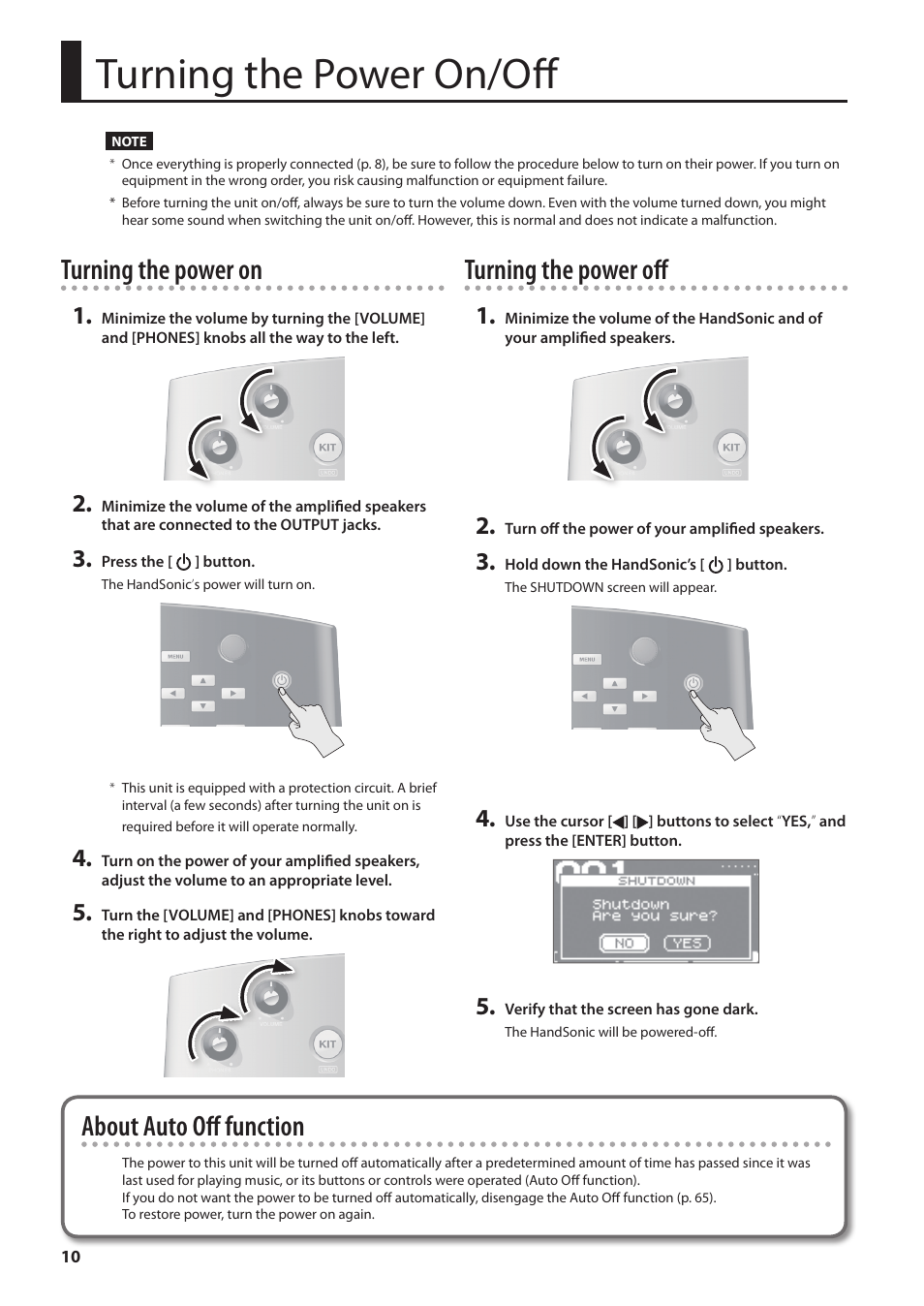 Turning the power on/off, P. 10, Turning the power on | Turning the power off, About auto off function | Roland HandSonic HPD-20 Digital Hand Percussion Instrument User Manual | Page 10 / 80
