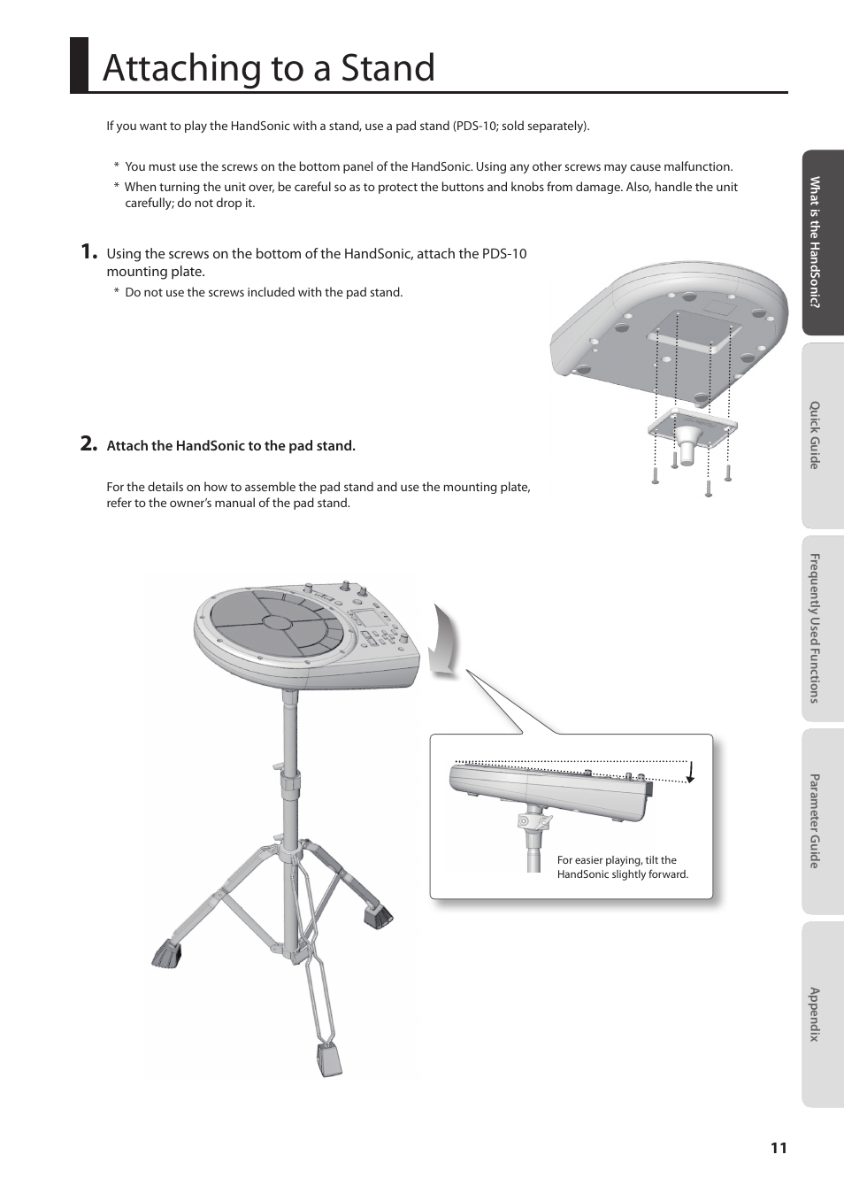 Attaching to a stand | Roland HandSonic HPD-20 Digital Hand Percussion Instrument User Manual | Page 11 / 80