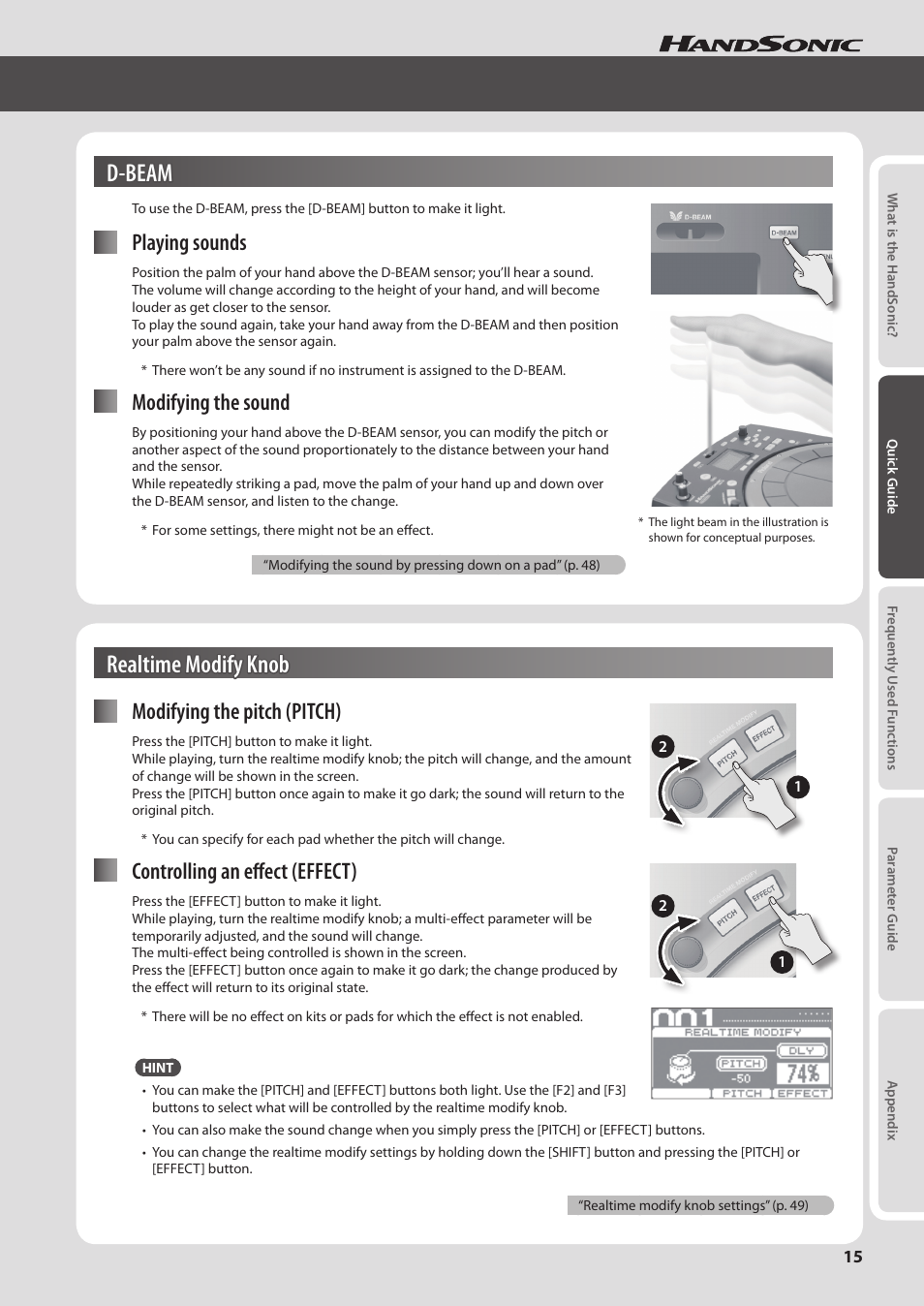 D-beam, Realtime modify knob, P. 15 | Playing sounds, Modifying the sound, Modifying the pitch (pitch), Controlling an effect (effect) | Roland HandSonic HPD-20 Digital Hand Percussion Instrument User Manual | Page 15 / 80