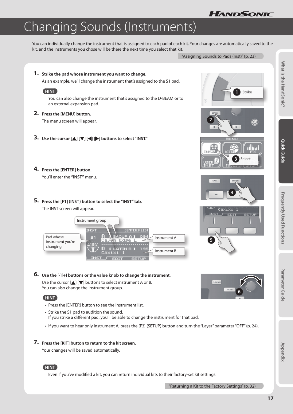 Changing sounds (instruments) | Roland HandSonic HPD-20 Digital Hand Percussion Instrument User Manual | Page 17 / 80