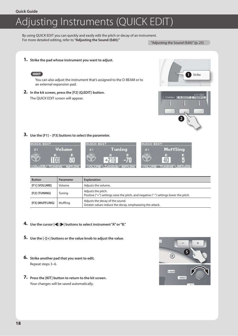 Adjusting instruments (quick edit), P. 18 | Roland HandSonic HPD-20 Digital Hand Percussion Instrument User Manual | Page 18 / 80