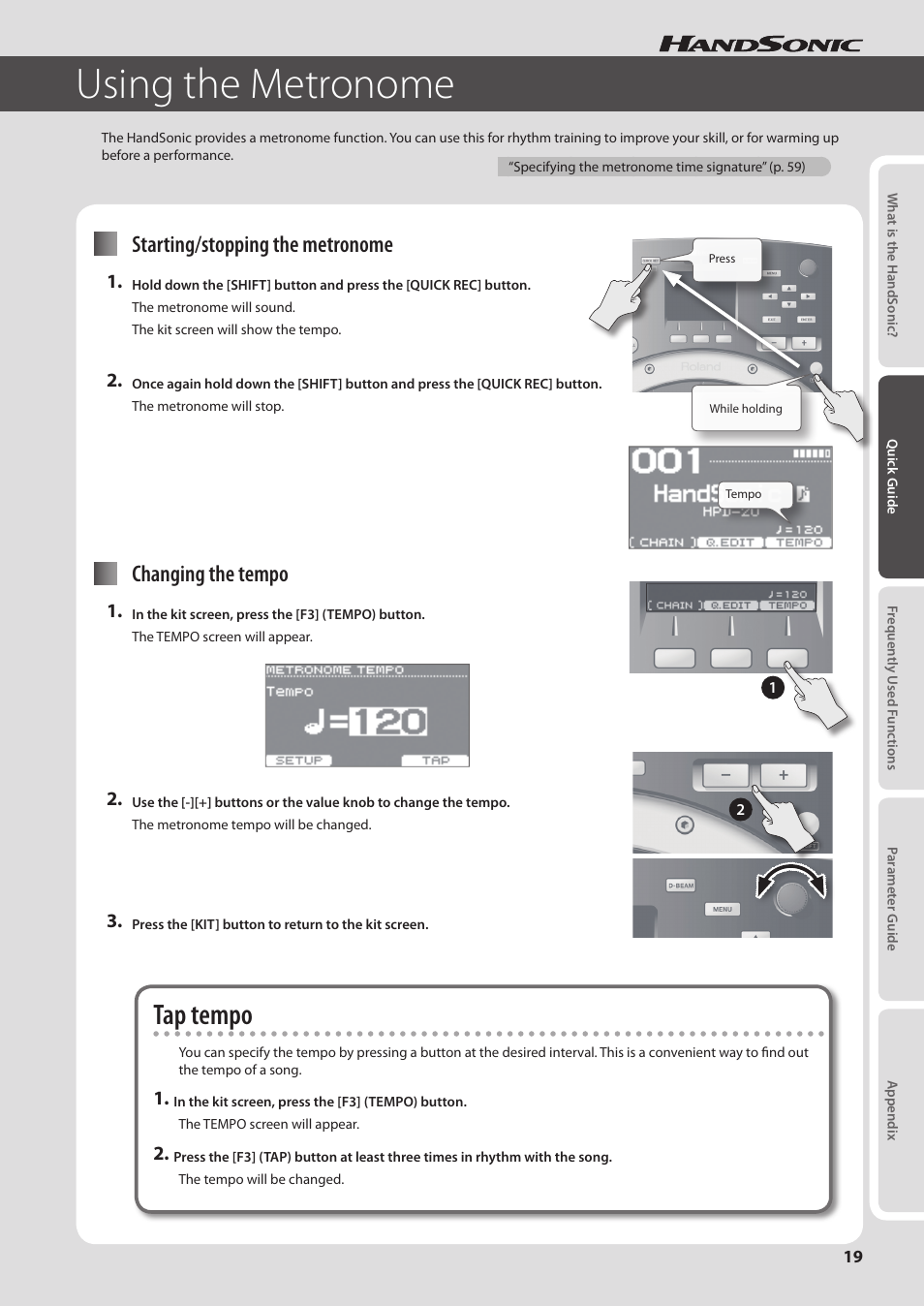 Using the metronome, P. 19, Tap tempo | Starting/stopping the metronome, Changing the tempo | Roland HandSonic HPD-20 Digital Hand Percussion Instrument User Manual | Page 19 / 80