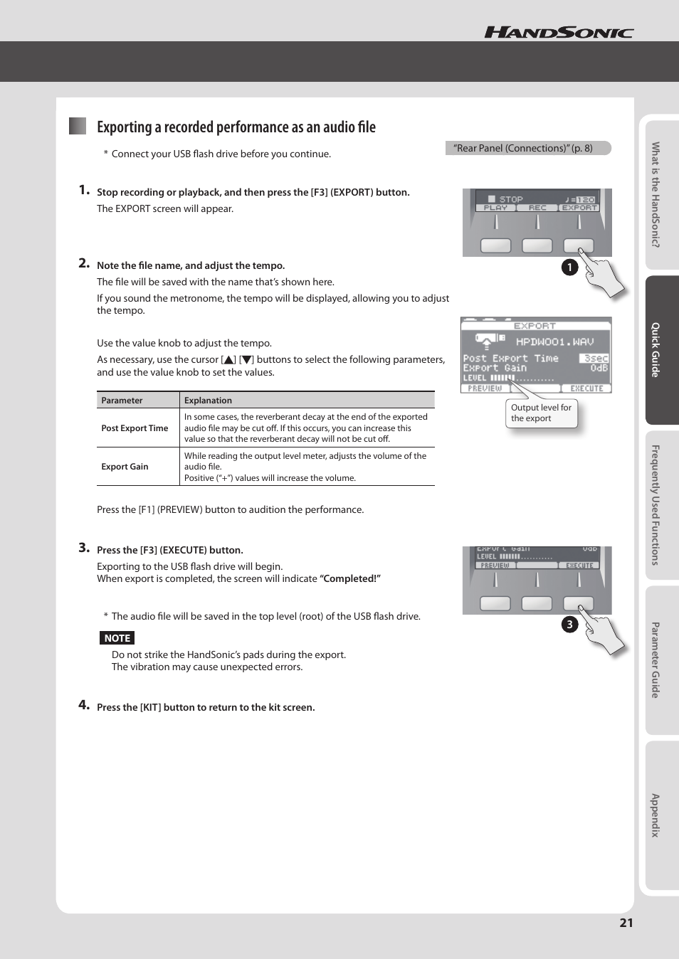Exporting a recorded performance as an audio file | Roland HandSonic HPD-20 Digital Hand Percussion Instrument User Manual | Page 21 / 80