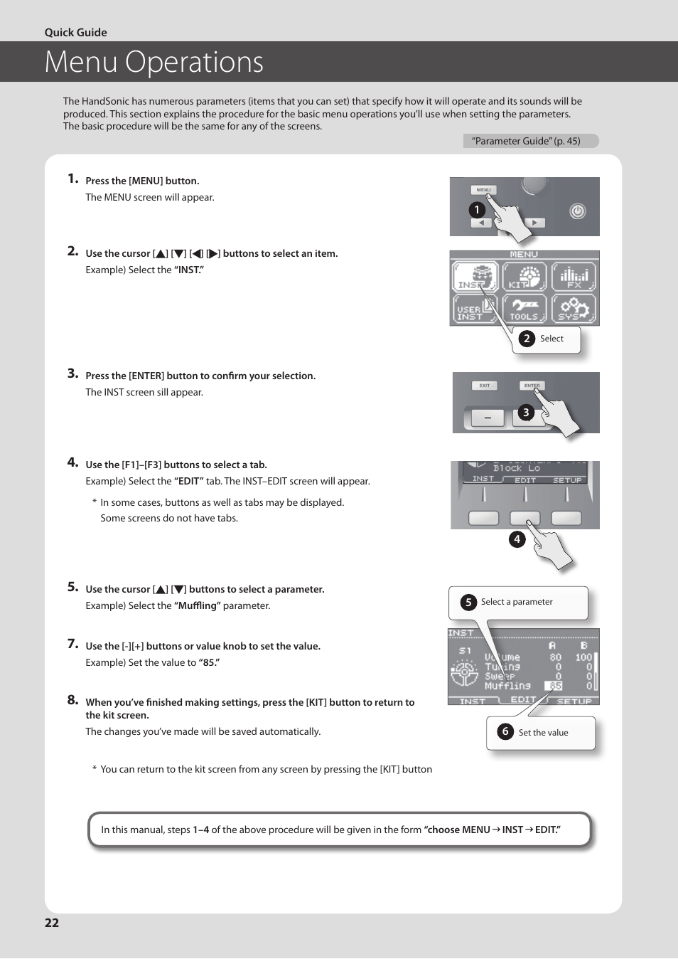 Menu operations, Menu operations” (p. 22), P. 22 | Roland HandSonic HPD-20 Digital Hand Percussion Instrument User Manual | Page 22 / 80