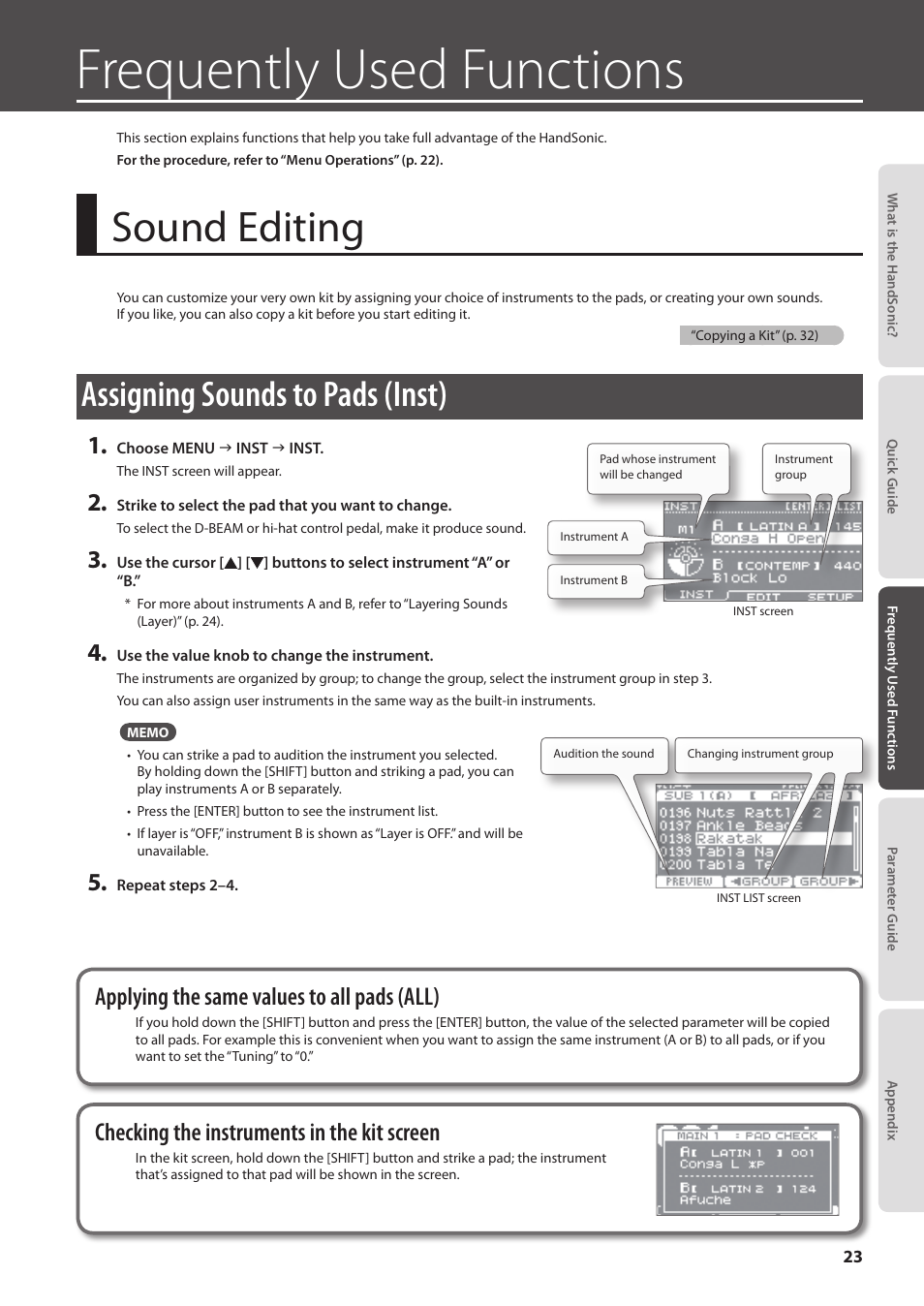Sound editing, Assigning sounds to pads (inst), Frequently used functions | Checking the instruments in the kit screen, Applying the same values to all pads (all) | Roland HandSonic HPD-20 Digital Hand Percussion Instrument User Manual | Page 23 / 80