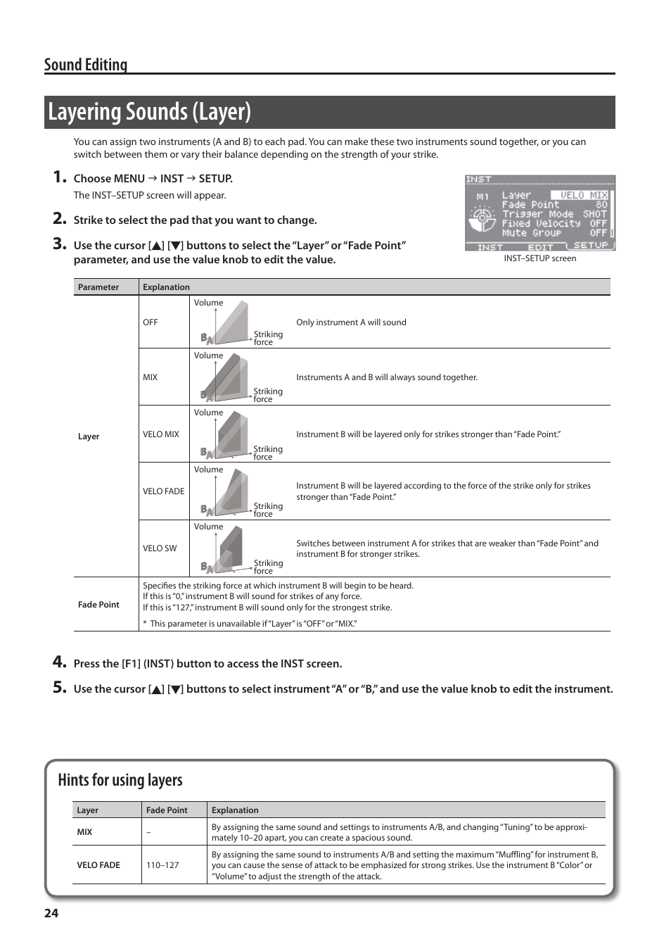 Layering sounds (layer), O “layering sounds, Layer)” (p. 24) | Sound editing, Hints for using layers | Roland HandSonic HPD-20 Digital Hand Percussion Instrument User Manual | Page 24 / 80