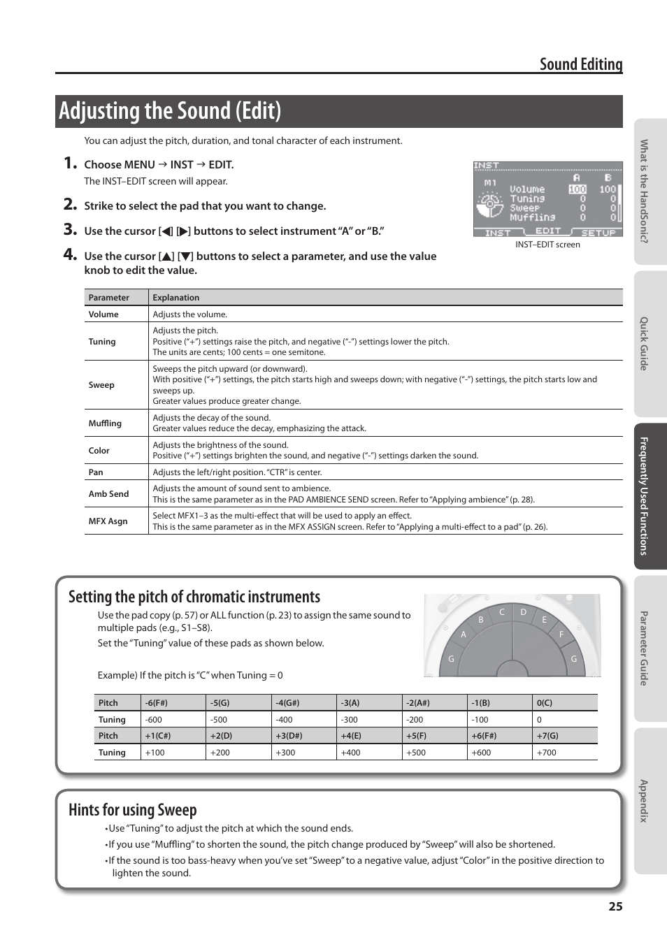 Adjusting the sound (edit), Sound editing, Setting the pitch of chromatic instruments | Hints for using sweep | Roland HandSonic HPD-20 Digital Hand Percussion Instrument User Manual | Page 25 / 80