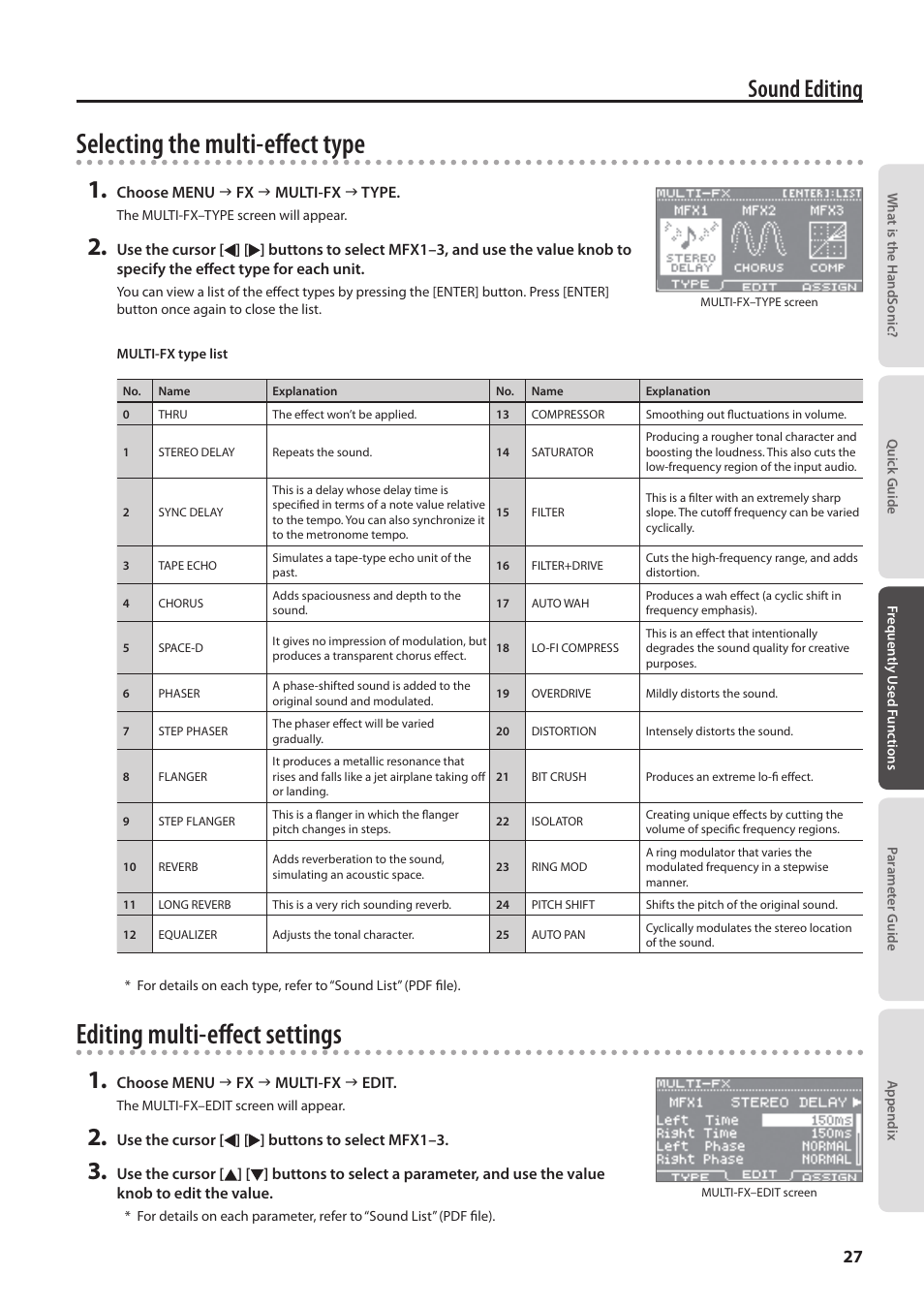 Selecting the multi-effect type, Editing multi-effect settings, Sound editing | Roland HandSonic HPD-20 Digital Hand Percussion Instrument User Manual | Page 27 / 80
