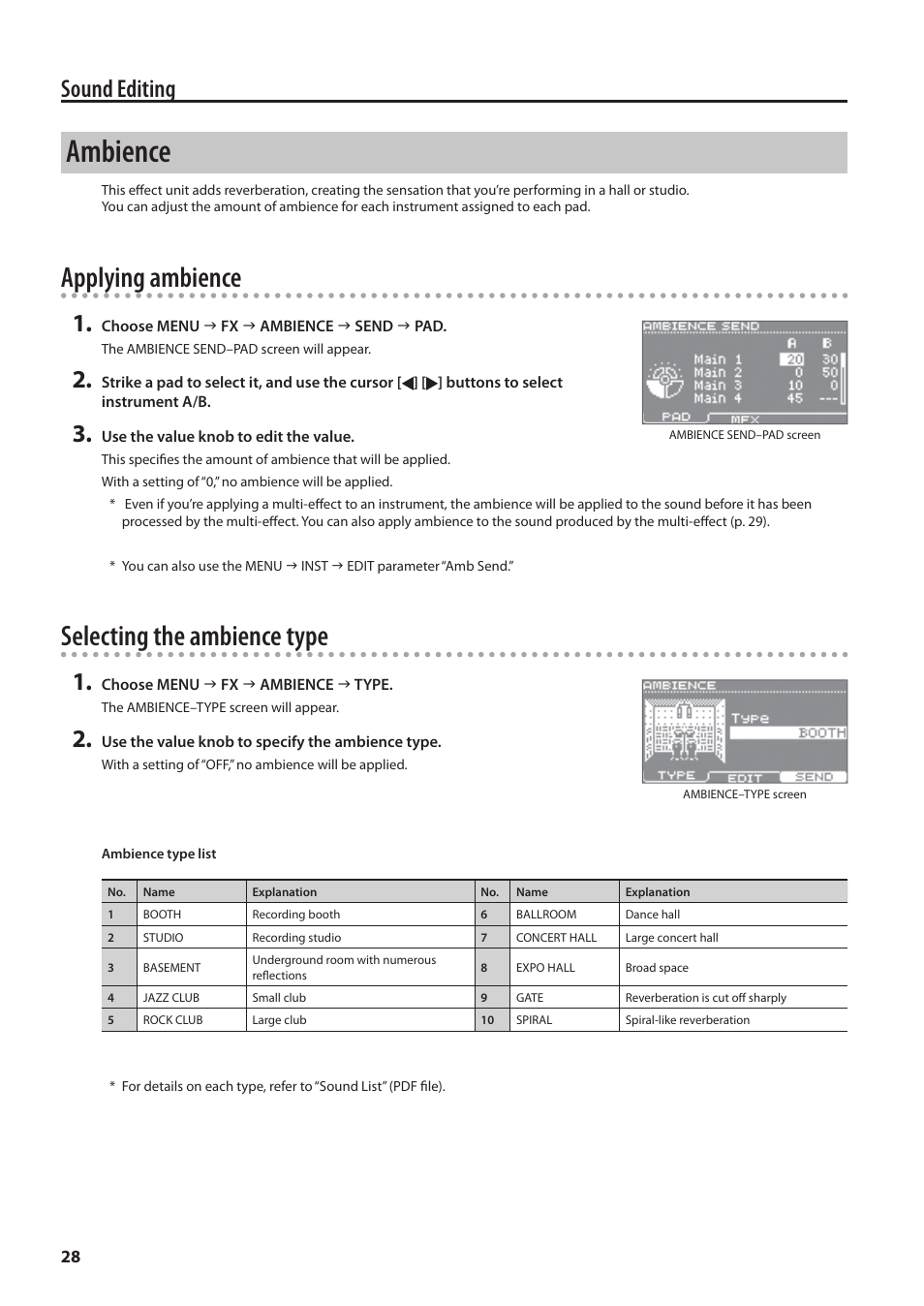 Ambience, O “applying ambience” (p. 28), Applying ambience | Selecting the ambience type, Sound editing | Roland HandSonic HPD-20 Digital Hand Percussion Instrument User Manual | Page 28 / 80