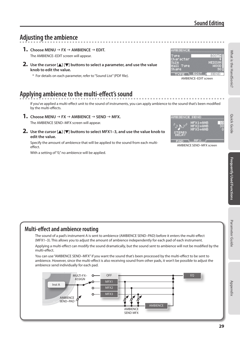 Adjusting the ambience, Applying ambience to the multi-effect’s sound, Sound editing | Multi-effect and ambience routing | Roland HandSonic HPD-20 Digital Hand Percussion Instrument User Manual | Page 29 / 80
