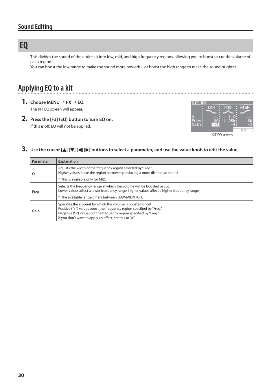 Applying eq to a kit, Sound editing | Roland HandSonic HPD-20 Digital Hand Percussion Instrument User Manual | Page 30 / 80