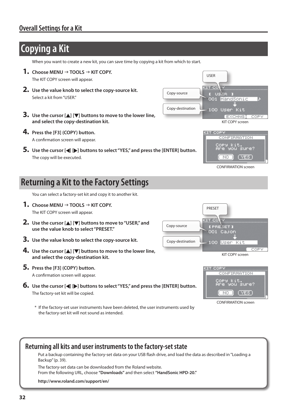 Copying a kit, Returning a kit to the factory settings, Copying a kit” (p. 32) | Overall settings for a kit | Roland HandSonic HPD-20 Digital Hand Percussion Instrument User Manual | Page 32 / 80
