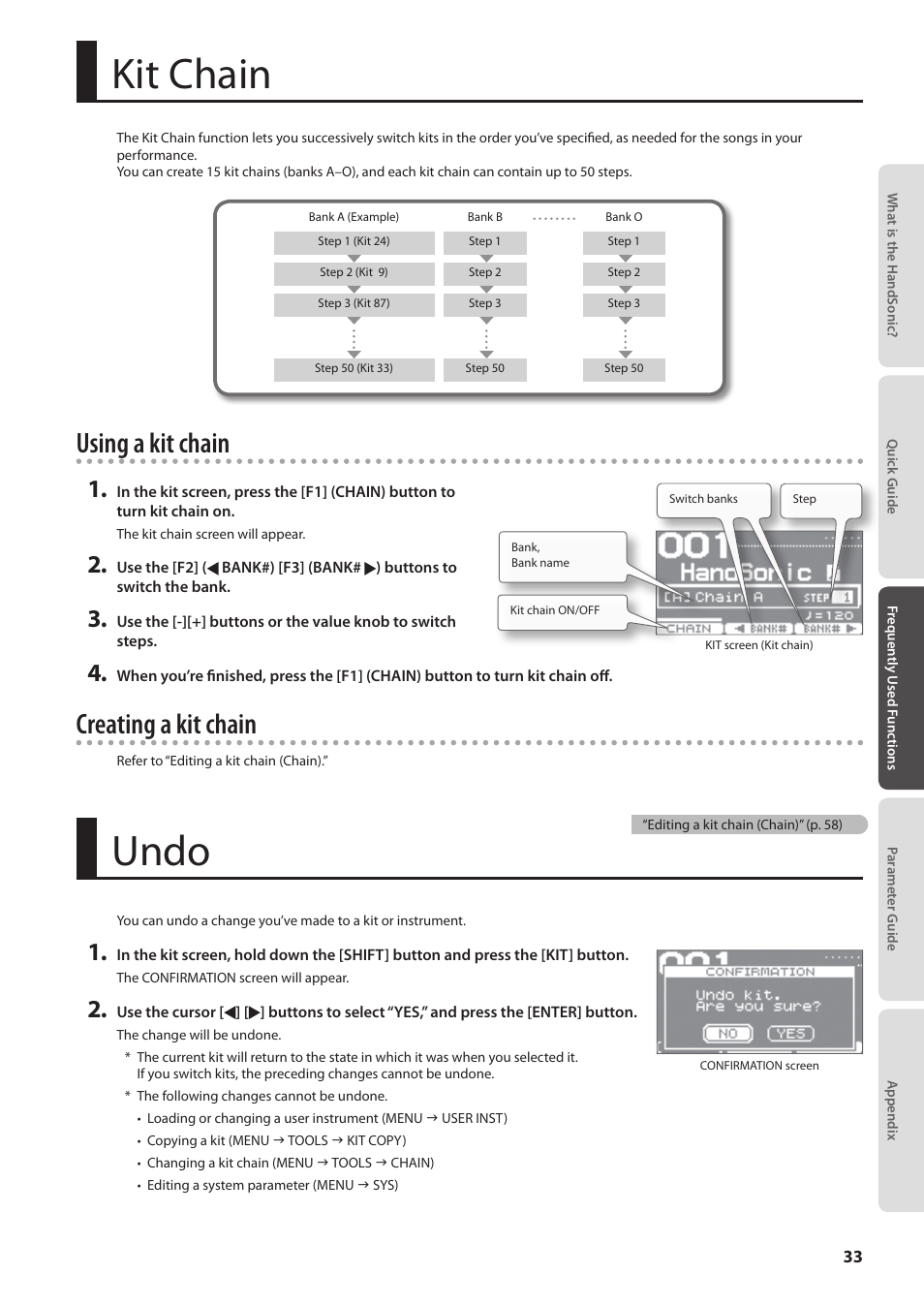 Kit chain, Undo, P. 33 | Using a kit chain, Creating a kit chain | Roland HandSonic HPD-20 Digital Hand Percussion Instrument User Manual | Page 33 / 80