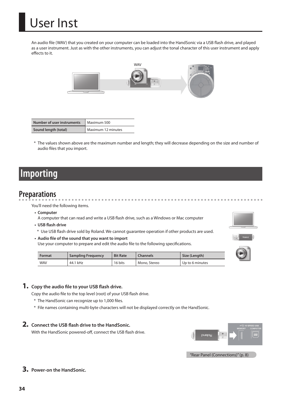 User inst, Importing, P. 34 | Preparations | Roland HandSonic HPD-20 Digital Hand Percussion Instrument User Manual | Page 34 / 80