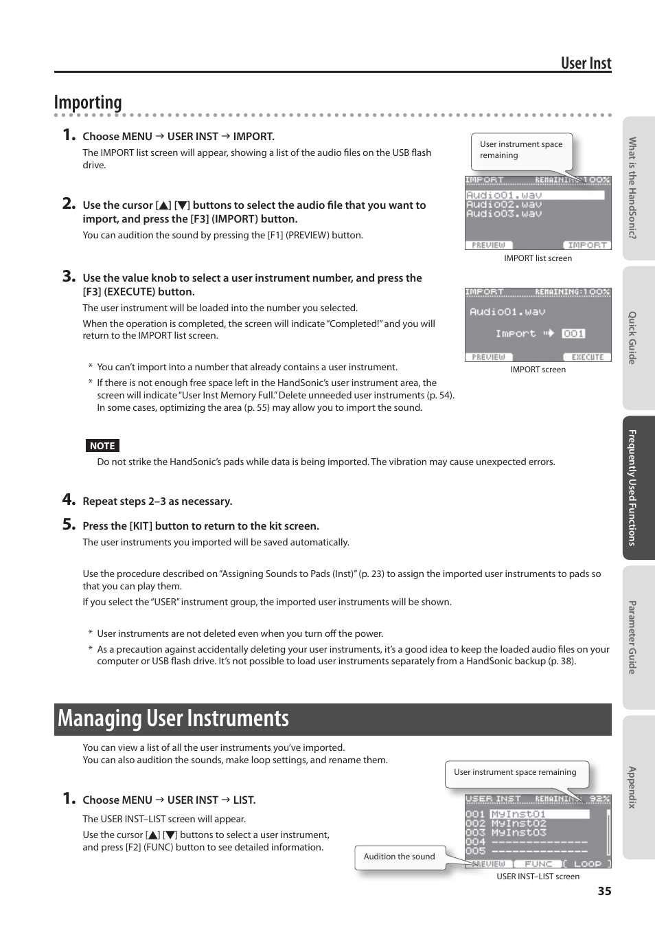 Managing user instruments, Importing, User inst | Roland HandSonic HPD-20 Digital Hand Percussion Instrument User Manual | Page 35 / 80
