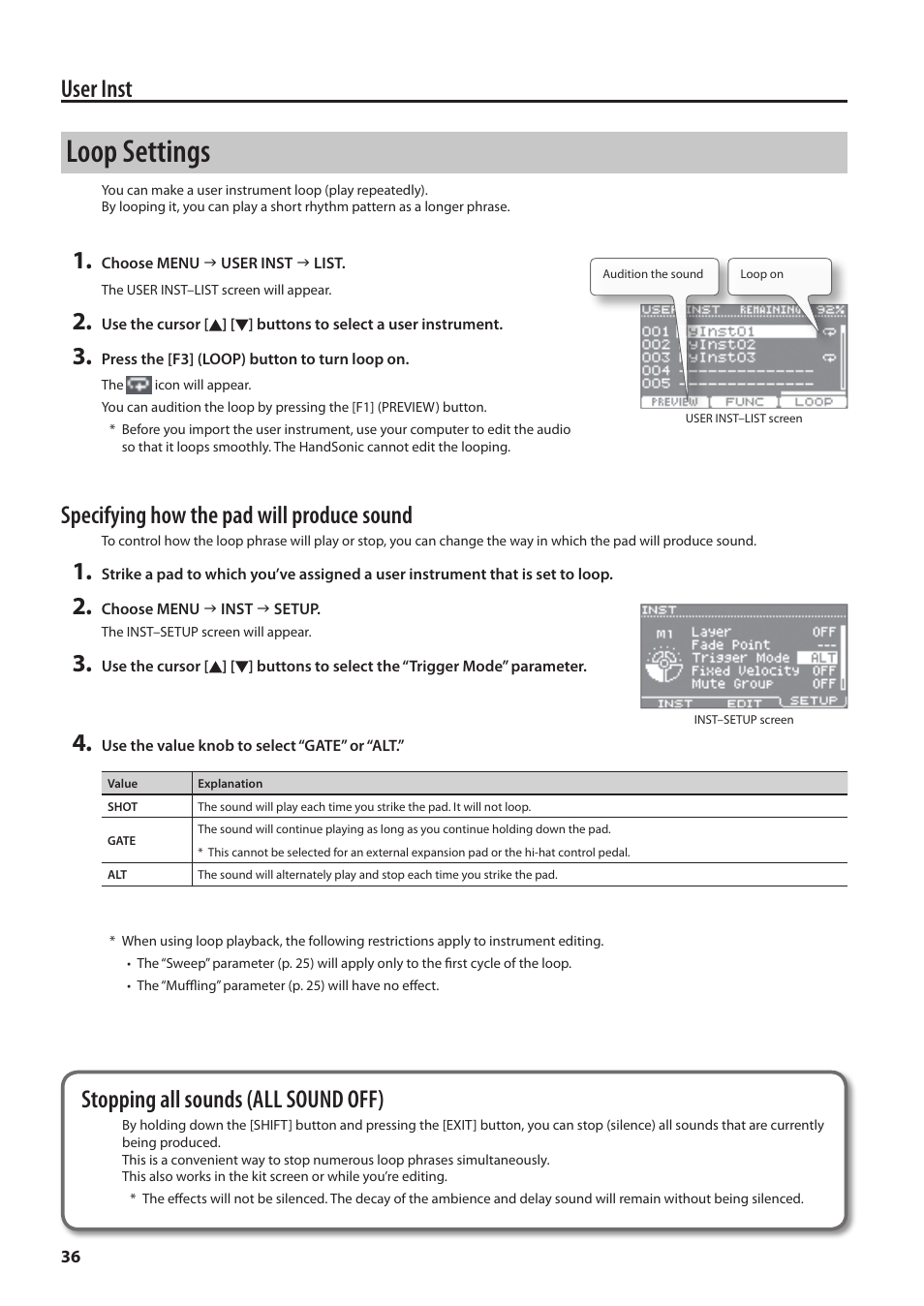 Loop settings, User inst, Specifying how the pad will produce sound | Stopping all sounds (all sound off) | Roland HandSonic HPD-20 Digital Hand Percussion Instrument User Manual | Page 36 / 80