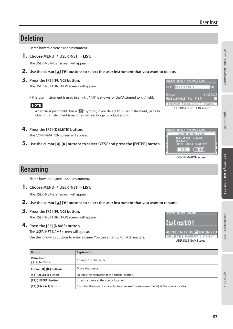 Deleting, Renaming, User inst | Roland HandSonic HPD-20 Digital Hand Percussion Instrument User Manual | Page 37 / 80