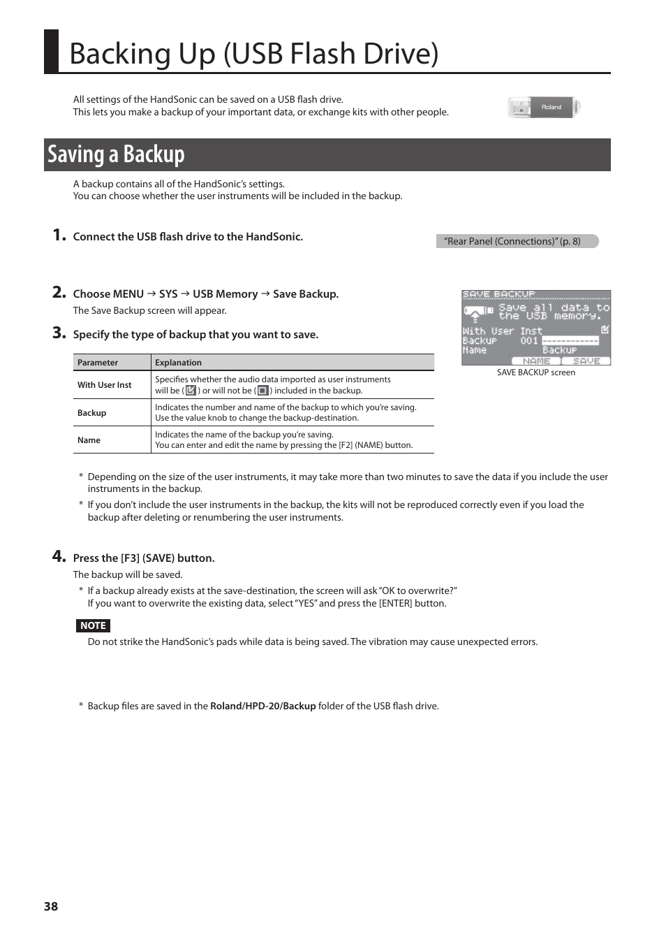 Backing up (usb flash drive), Saving a backup, P. 38 | Up (p. 38) | Roland HandSonic HPD-20 Digital Hand Percussion Instrument User Manual | Page 38 / 80
