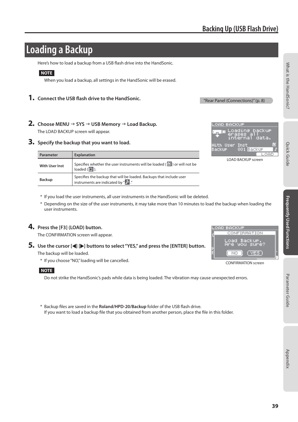 Loading a backup, Backing up (usb flash drive) | Roland HandSonic HPD-20 Digital Hand Percussion Instrument User Manual | Page 39 / 80