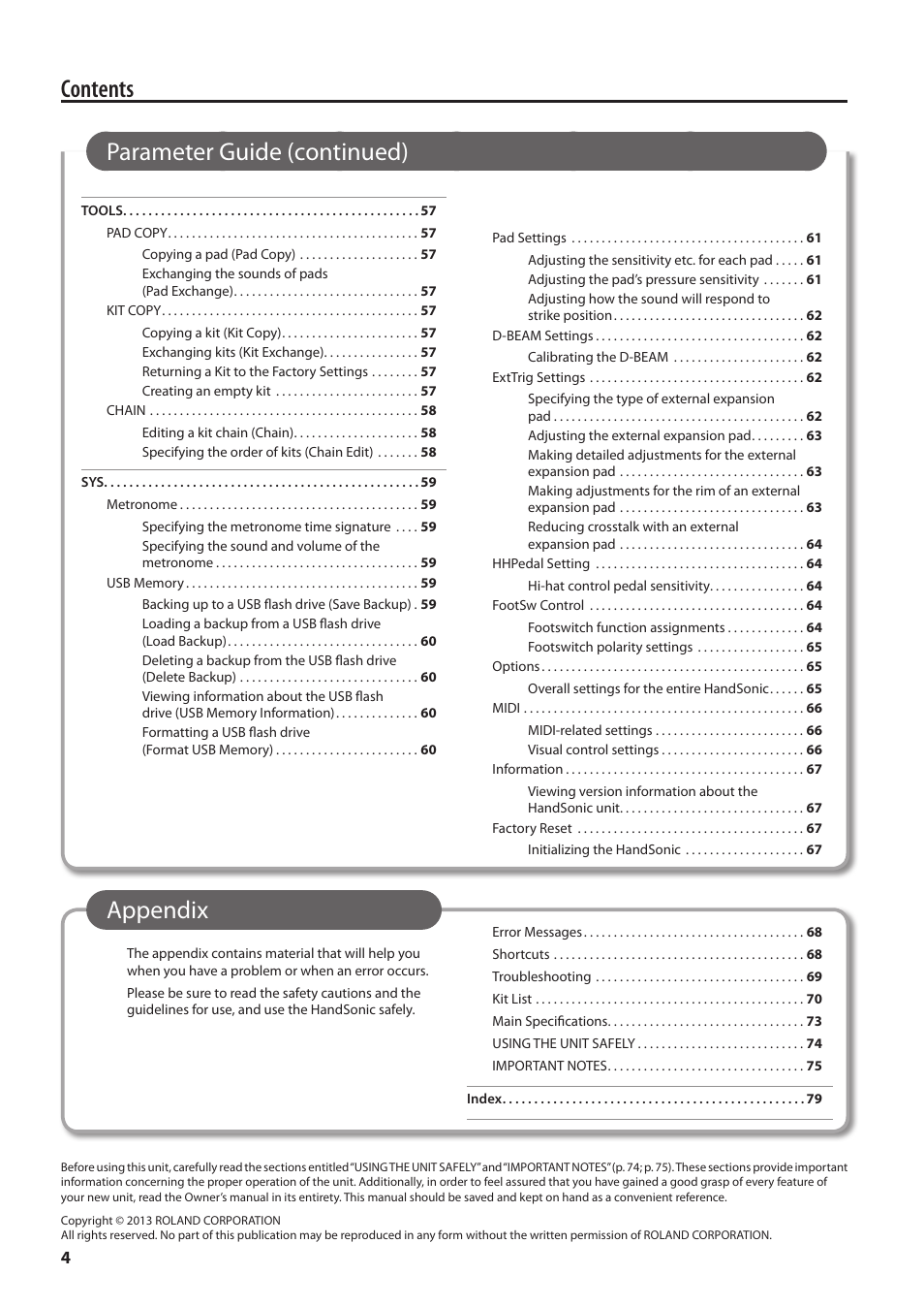 Roland HandSonic HPD-20 Digital Hand Percussion Instrument User Manual | Page 4 / 80