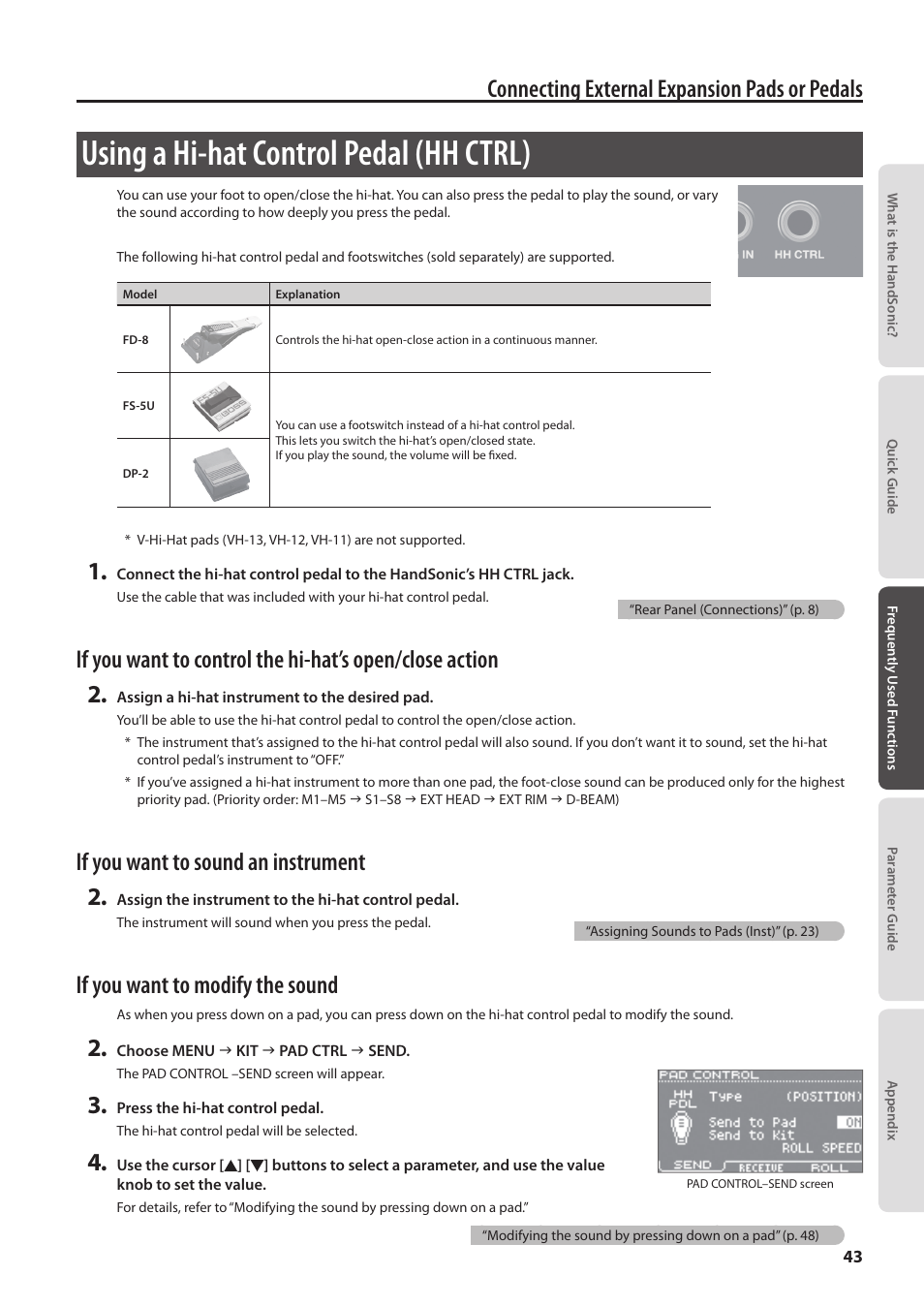 Using a hi-hat control pedal (hh ctrl), Connecting external expansion pads or pedals, If you want to sound an instrument 2 | If you want to modify the sound | Roland HandSonic HPD-20 Digital Hand Percussion Instrument User Manual | Page 43 / 80