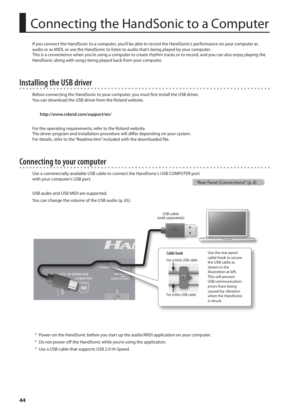 Connecting the handsonic to a computer, P. 44, Installing the usb driver | Connecting to your computer | Roland HandSonic HPD-20 Digital Hand Percussion Instrument User Manual | Page 44 / 80