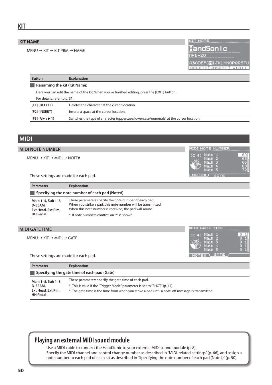 Renaming the kit (kit name), Midi, Specifying the note number of each pad (note#) | Specifying the gate time of each pad (gate), Specifying the note number of each pad, Note#), P. 50, Playing an external midi sound module | Roland HandSonic HPD-20 Digital Hand Percussion Instrument User Manual | Page 50 / 80