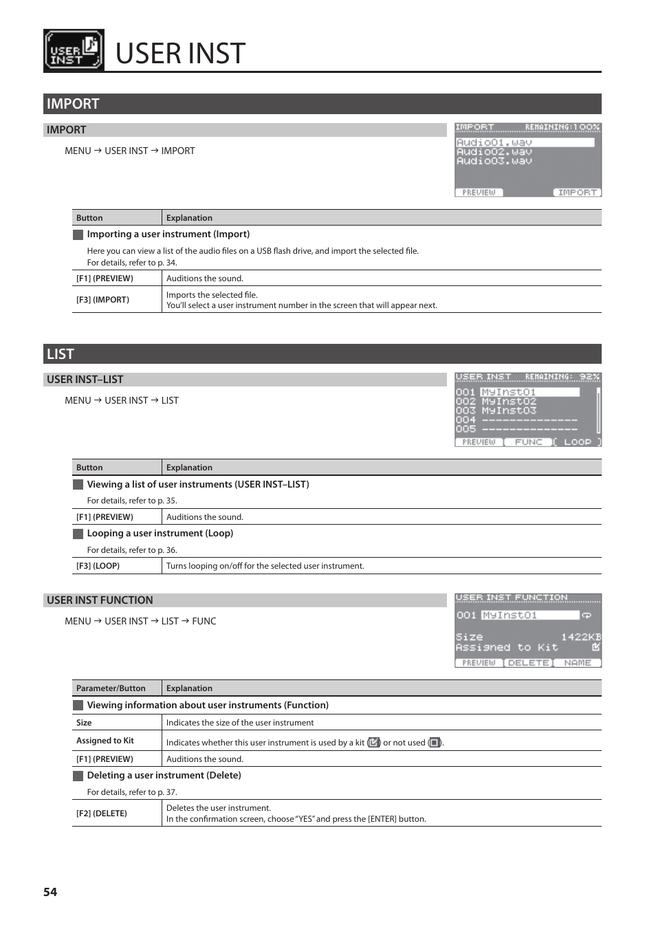 User inst, Import, Importing a user instrument (import) | List, Looping a user instrument (loop), Deleting a user instrument (delete), Viewing a list of user instruments, User inst–list), Viewing information about user instruments, Function) | Roland HandSonic HPD-20 Digital Hand Percussion Instrument User Manual | Page 54 / 80